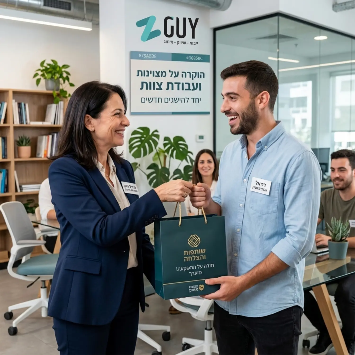 מנהלת בכירה מחייכת מעניקה אישית שקית נשיאה מהודרת לעובד מופתע ושמח, בתוך סביבת משרד מודרנית ומוכרת, באווירה חמה של שותפות