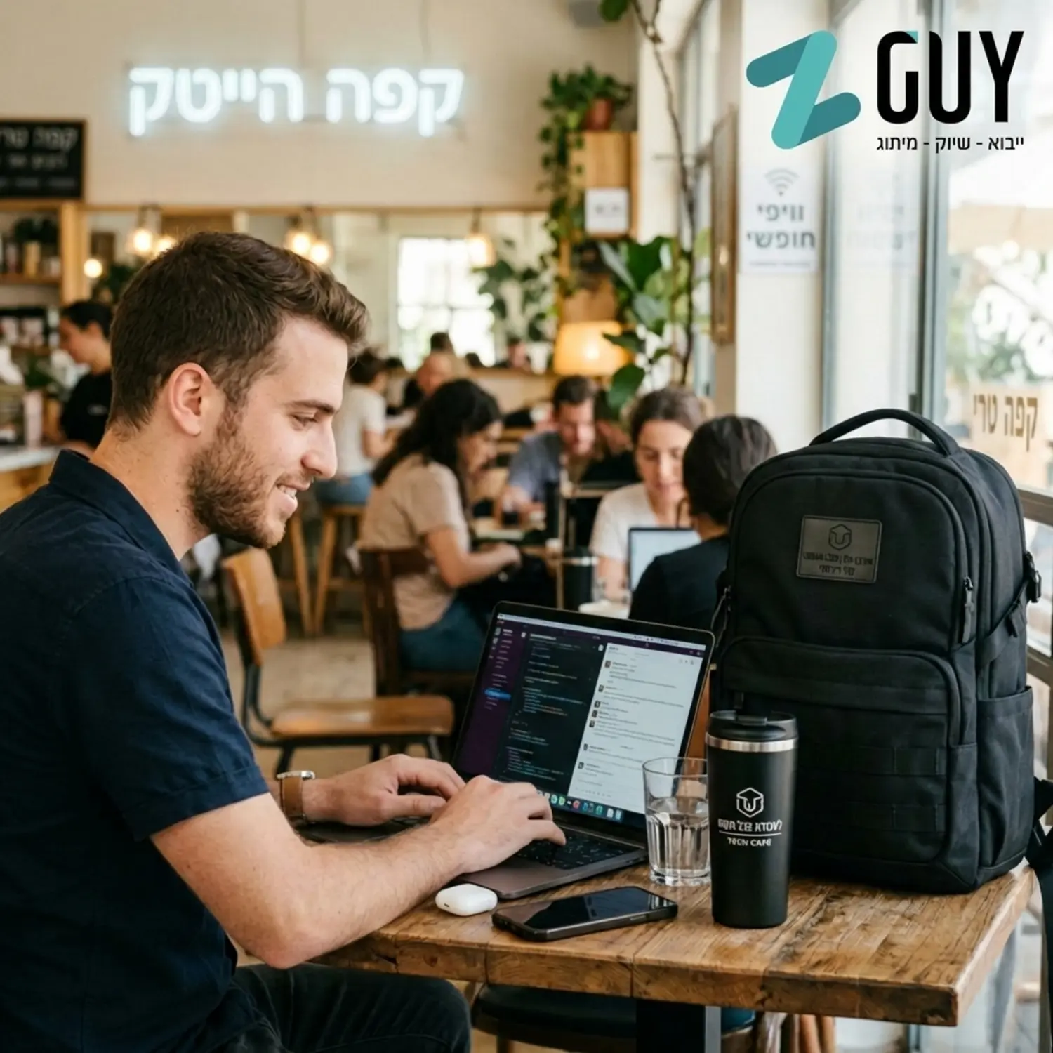 צילום תקריב של עובד הייטק צעיר בבית קפה מואר, יושב מול מחשב נייד ולצידו תיק גב ממותג אלגנטי וכוס קפה תרמית כהה, משדר אסתטיקה של עבודה מרחוק ומודרניות