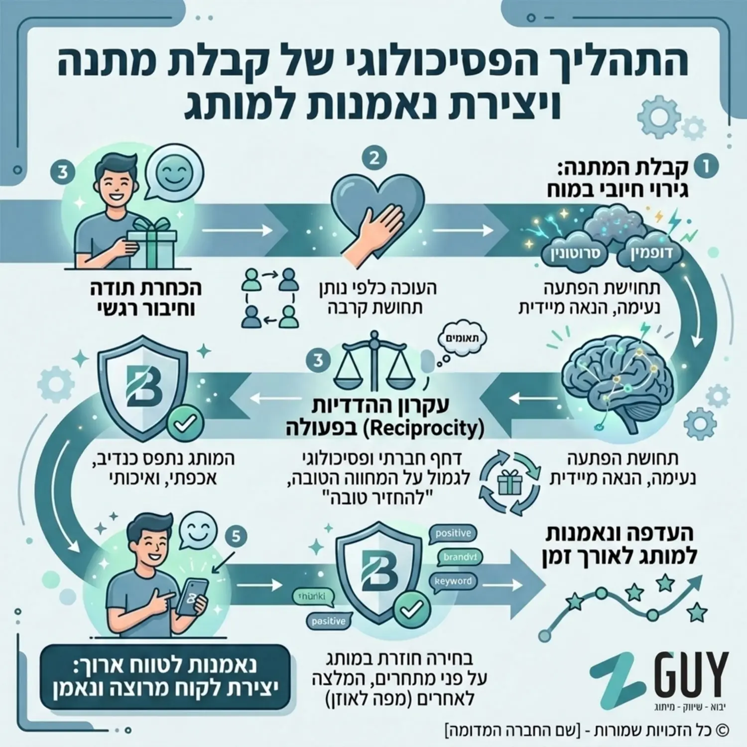 אינפוגרפיקה המציגה את התהליך הפסיכולוגי של קבלת מתנה, מגירוי חיובי במוח ועד ליצירת נאמנות למותג לאורך זמן באמצעות עקרון ההדדיות