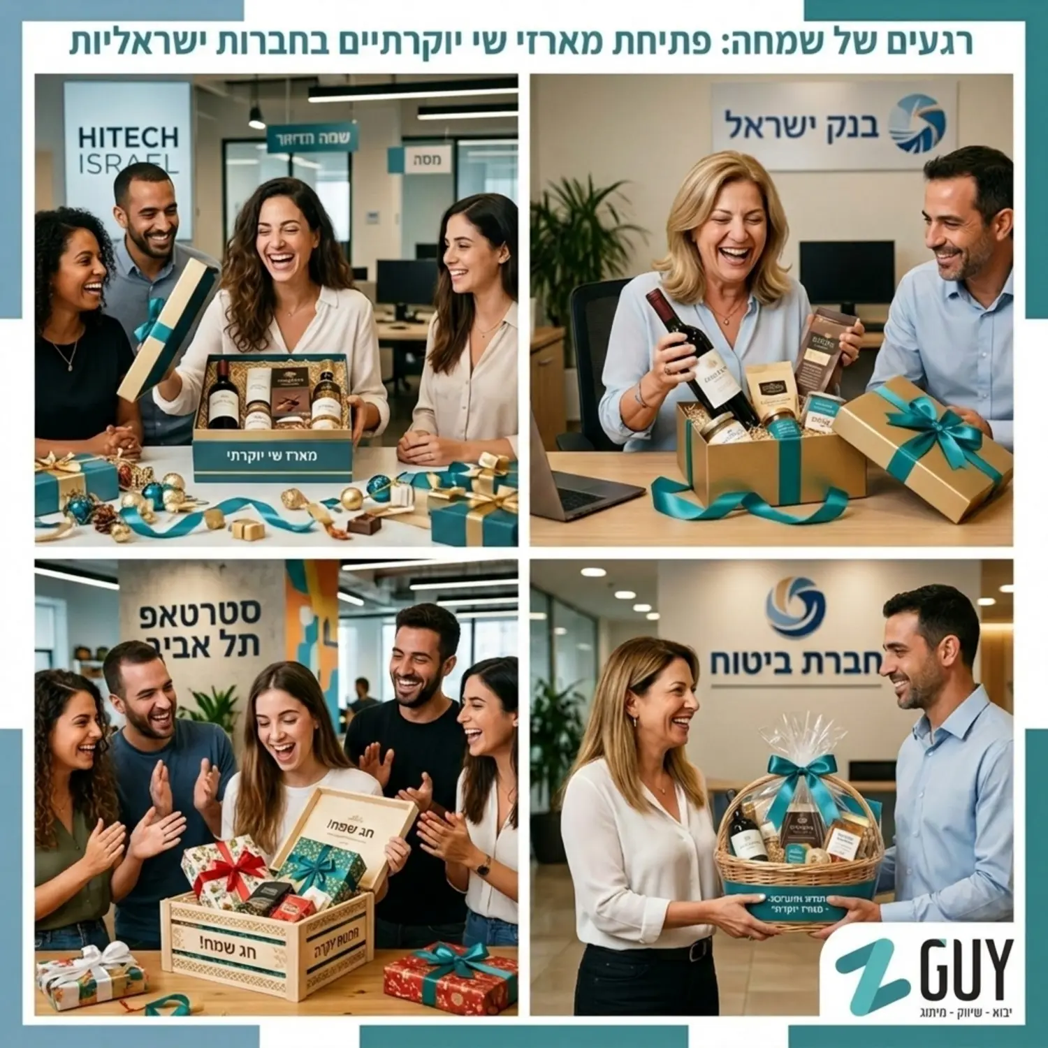 קולאז' תמונות המציג עובדים ולקוחות מחייכים בעת פתיחת מארזי שי יוקרתיים בחברות שונות בישראל תוך שימת דגש על חוויית ההפתעה והשמחה