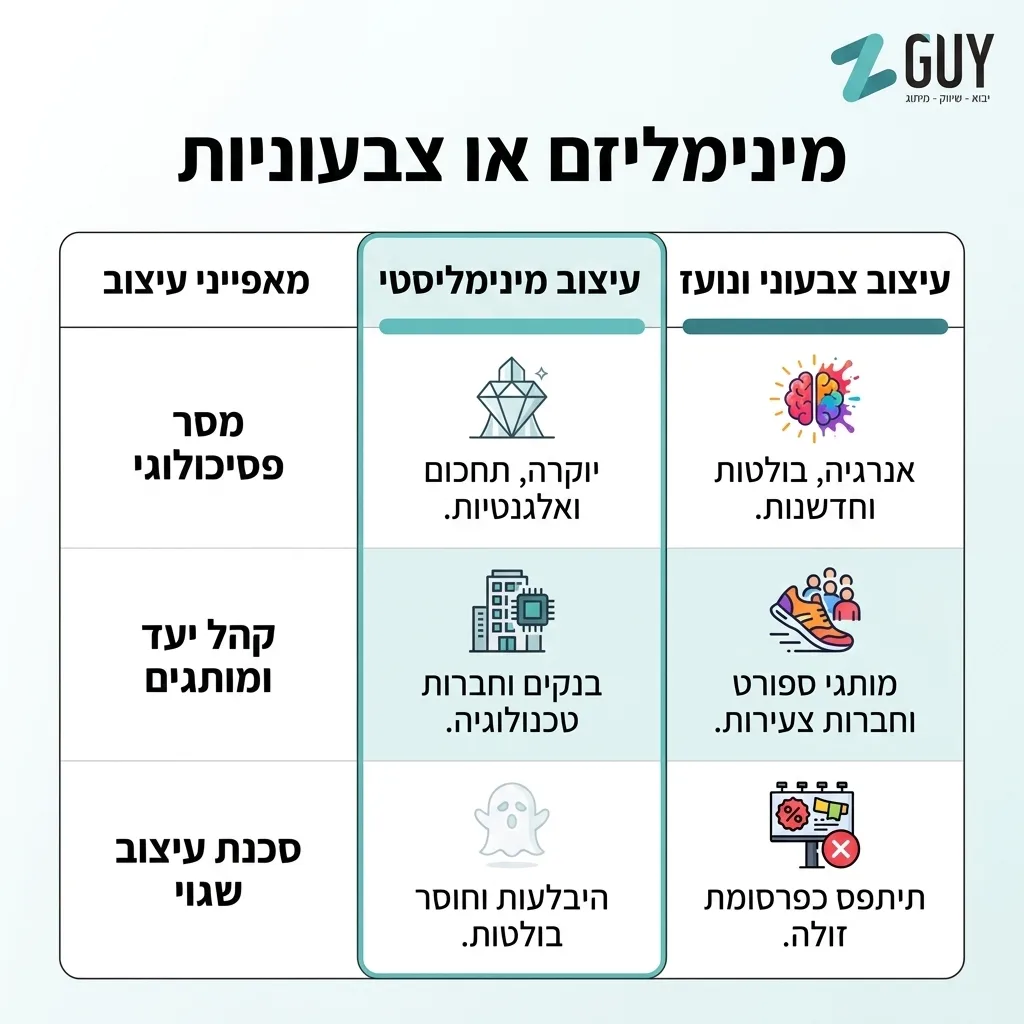 אינפוגרפיקה — מינימליזם או צבעוניות: השוואה בין עיצוב מינימליסטי, עיצוב צבעוני ונועז