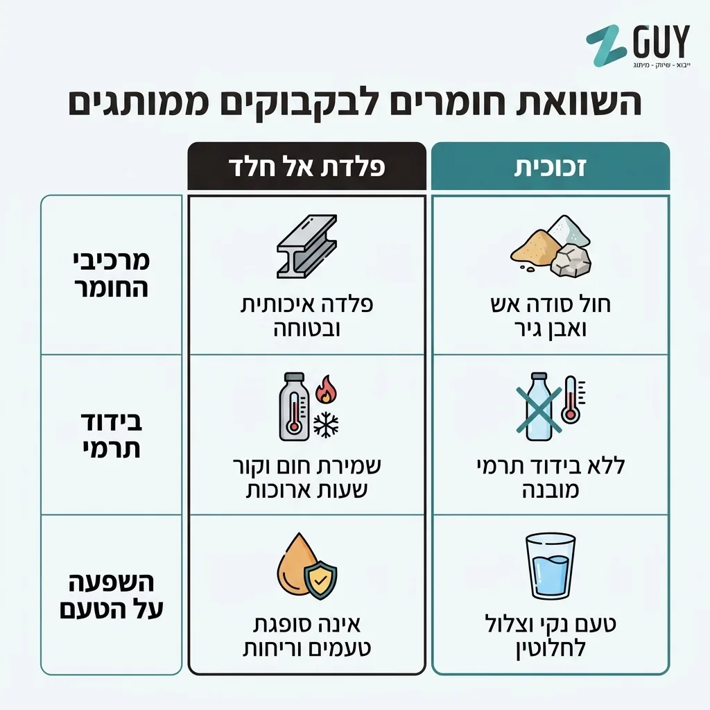 אינפוגרפיקה — השוואת חומרים לבקבוקים ממותגים: השוואה בין פלדת אל חלד, זכוכית