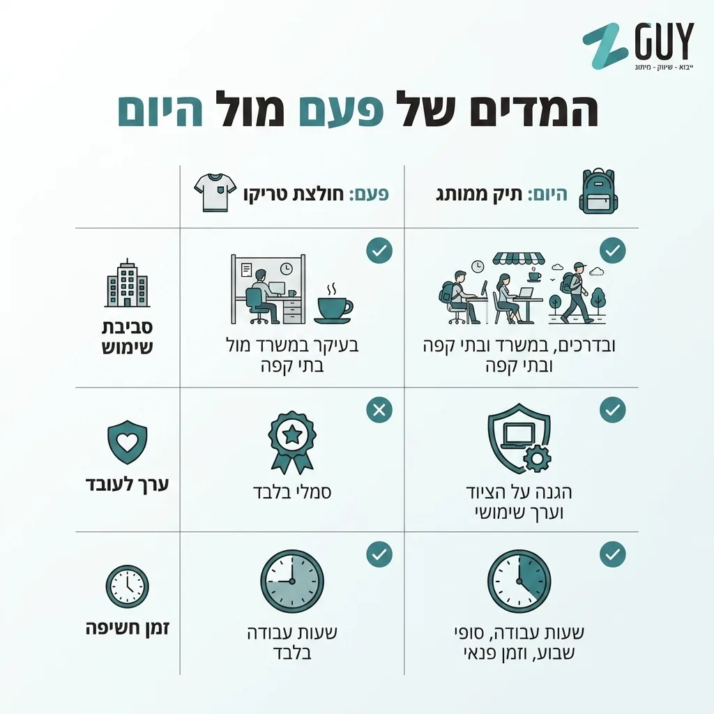 אינפוגרפיקה — המדים של פעם מול היום: השוואה בין פעם: חולצת טריקו, היום: תיק ממותג
