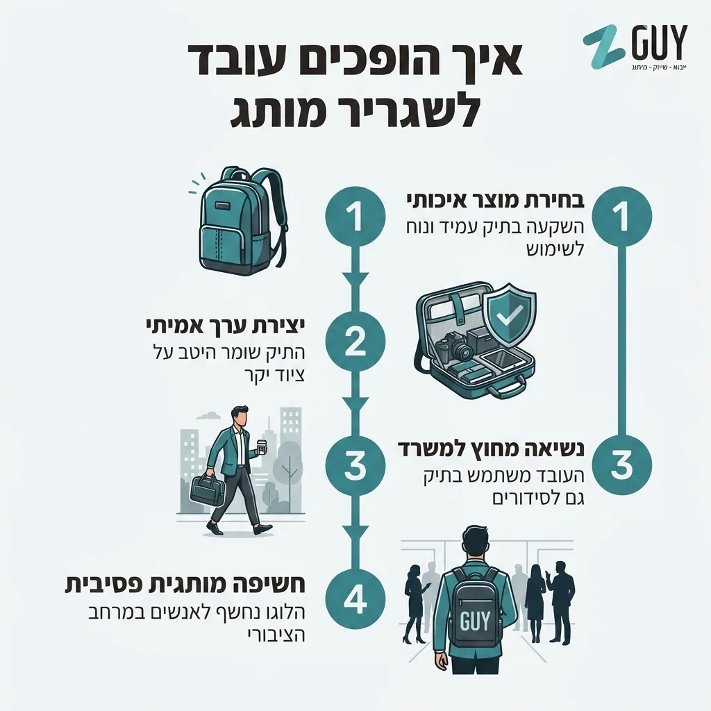 אינפוגרפיקה — איך הופכים עובד לשגריר מותג: בחירת מוצר איכותי, יצירת ערך אמיתי, נשיאה מחוץ למשרד, חשיפה מותגית פסיבית
