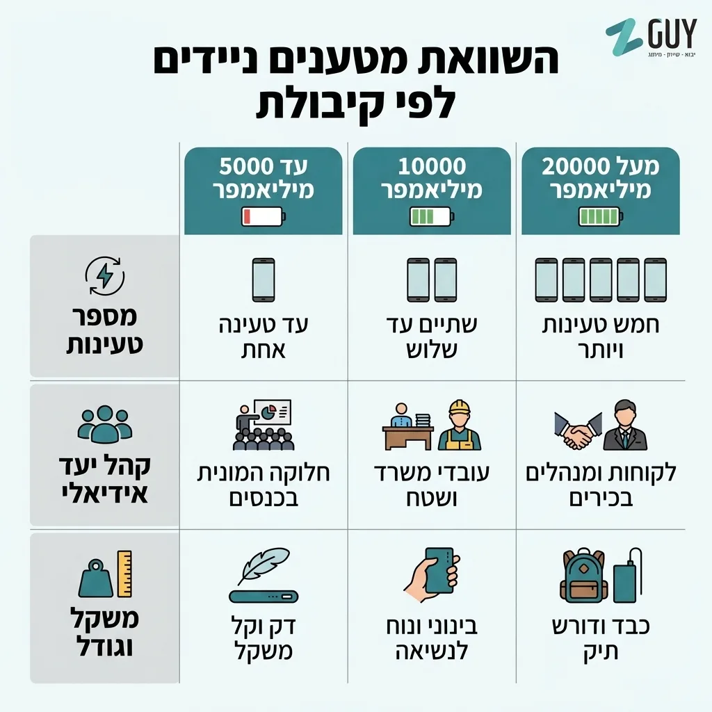 אינפוגרפיקה — השוואת מטענים ניידים לפי קיבולת: השוואה בין עד 5000 מיליאמפר, 10000 מיליאמפר, מעל 20000 מיליאמפר