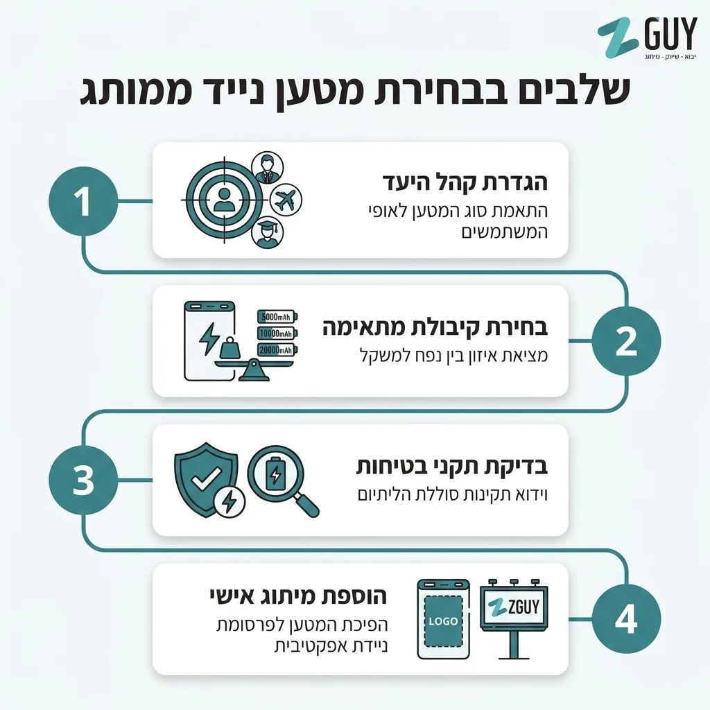 אינפוגרפיקה — שלבים בבחירת מטען נייד ממותג: הגדרת קהל היעד, בחירת קיבולת מתאימה, בדיקת תקני בטיחות, הוספת מיתוג אישי