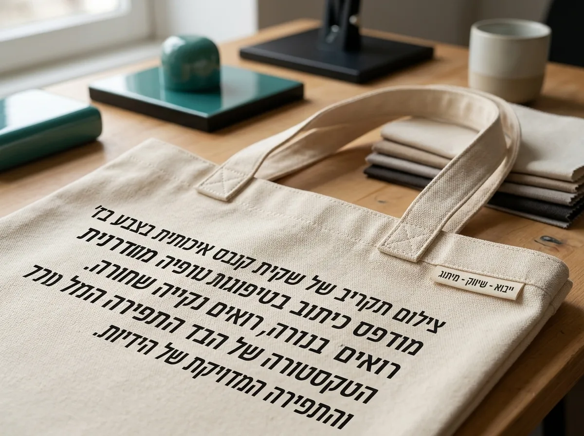 צילום תקריב של שקית קנבס איכותית בצבע בז', עליה מודפס כיתוב בטיפוגרפיה מודרנית ונקייה שחורה. רואים בבירור את הטקסטורה של הבד והתפירה המדויקת של הידיות.