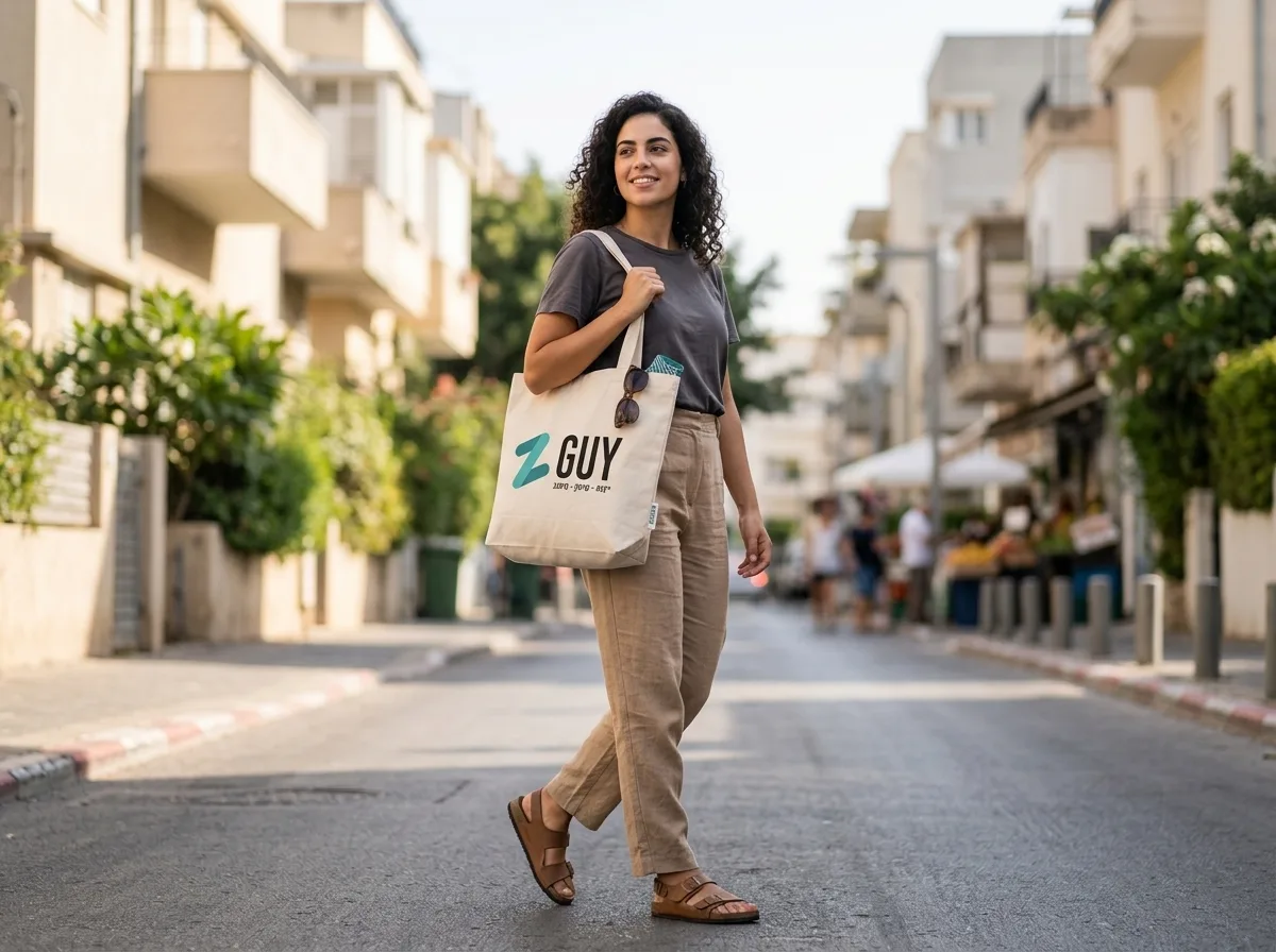 צילום ריאליסטי באור יום של בחורה צעירה הולכת ברחוב תל אביבי שמשי, לובשת בגדי קז'ואל ונושאת על כתפה שקית קנבס עבה עם כיתוב מינימליסטי שחור, פוקוס חד על השקית והטקסטורה שלה.