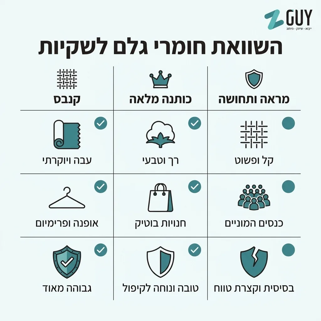 אינפוגרפיקה — השוואת חומרי גלם לשקיות: השוואה בין קנבס, כותנה מלאה, אל-בד