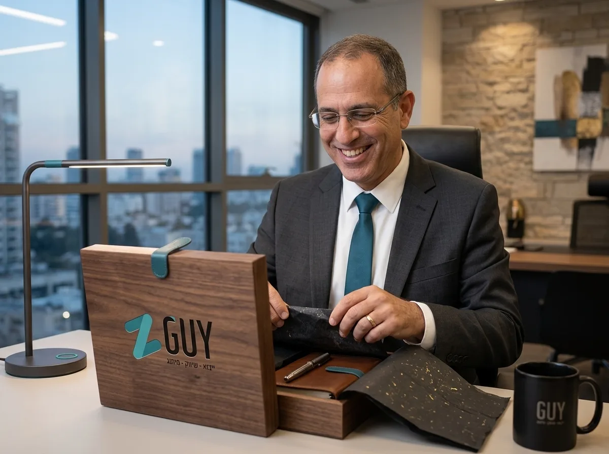 צילום ריאליסטי של איש עסקים בחליפה יושב במשרד מודרני, פותח חבילת שי יוקרתית עם חיוך רחב, תאורה טבעית מבחוץ, פוקוס חד על המתנה ופניו